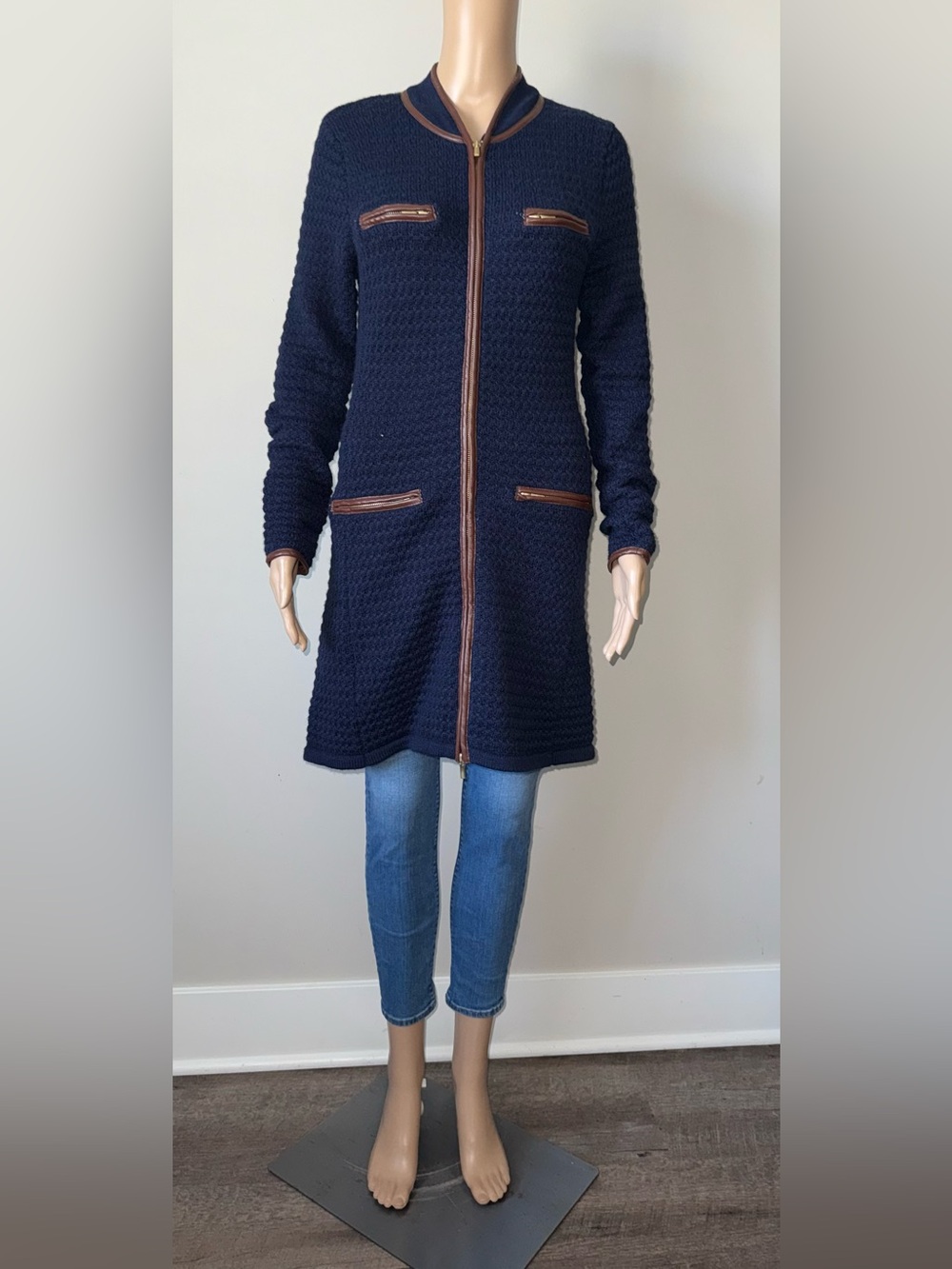 Boston Proper Navy Longline Knit Zip-Front Coat with Brown Leather Look Trim